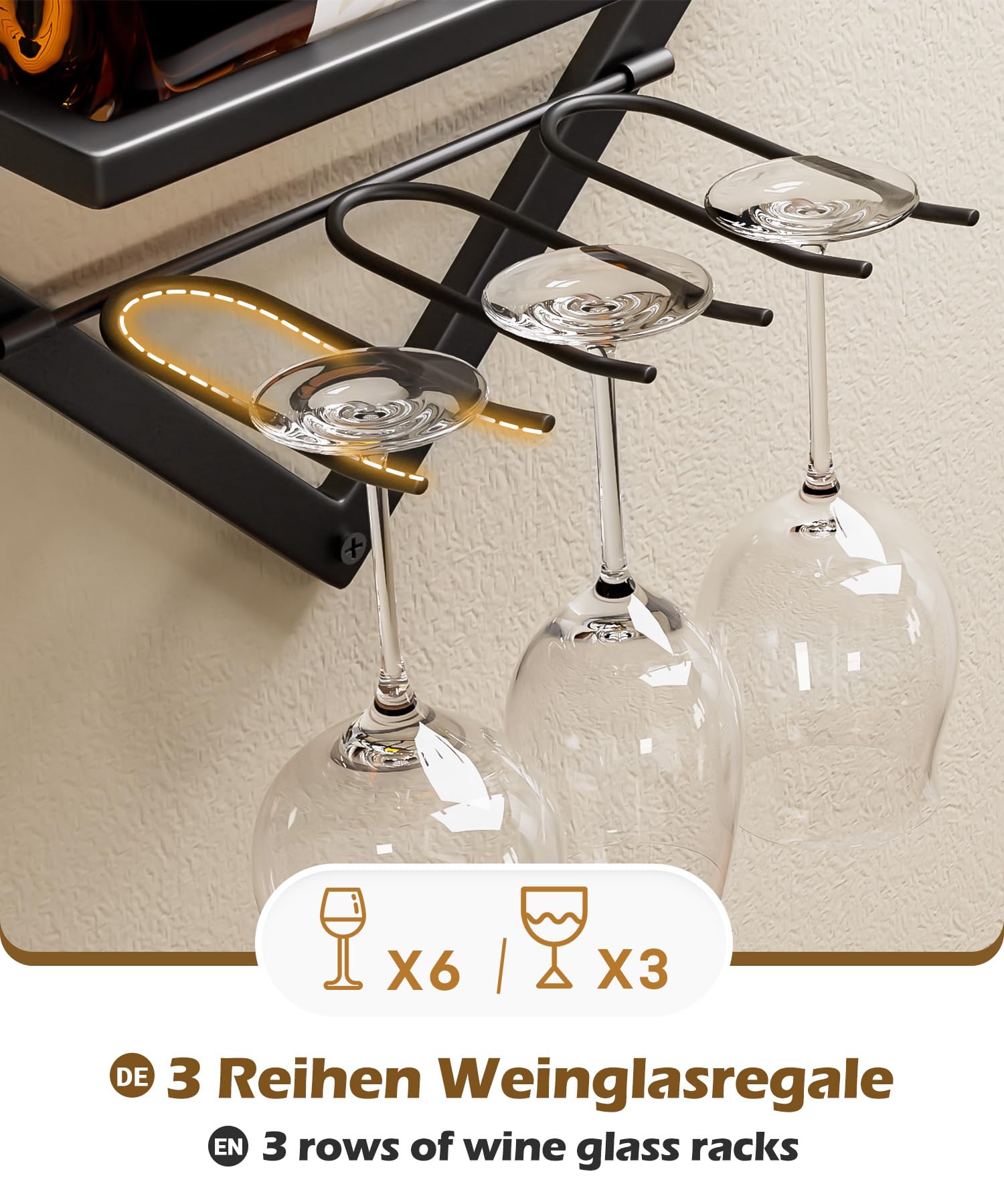 YORBAY Botellero de Pared Metálico con Portavasos: Botellero Vino Decorativo Moderno para 3 Botellas y hasta 6 Copas - Mueble Bar Ahorra Espacio para Salón Bar Cocina