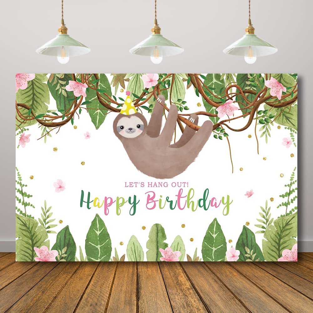 Rarcoirs Let’s Hang Out Sloth Happy Birthday Backdrop Safari Jungle Neutral Sloth Birthday Party Photoshoot Background Green Leaves Girl Boy Sloth Supplies Banner 71X47inch