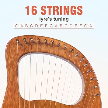 Lyre Harp, AKLOT 16 Metal Strings Maple Saddle Mahogany Body Lyra Harp with Carved Note Tuning Wrench Pick up Strings and Black Gig Bag
