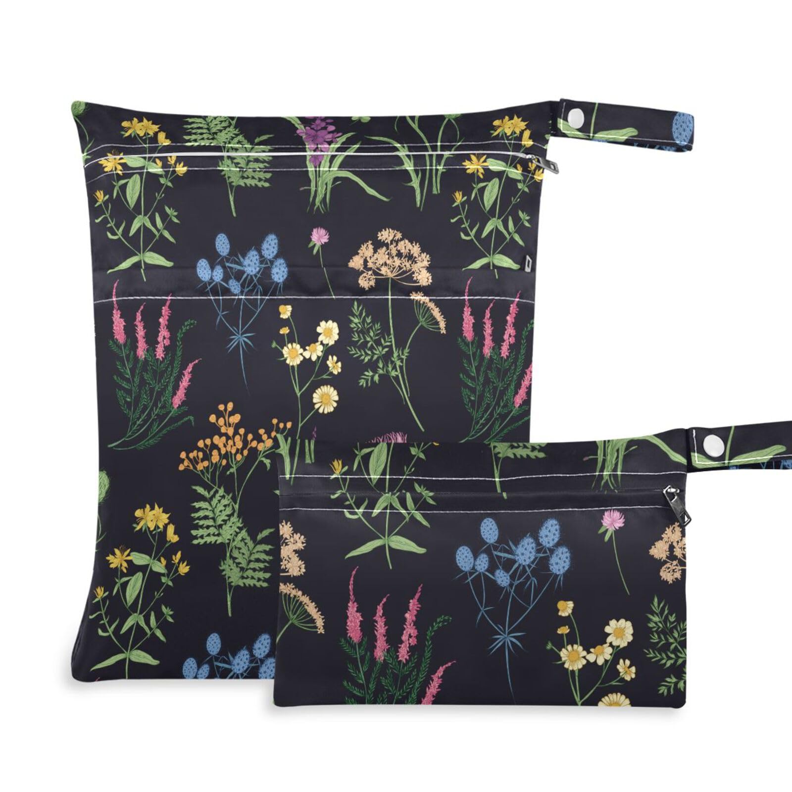 susiyo 2 Pcs Wet Dry Bag Colorful Forest Herbs Waterproof Reusable Baby Cloth Diaper Wet Bags with 2 Zipper Pockets for Breast Pump Parts Travel Beach Pool Gym Yoga Swimsuits Wet Clothes