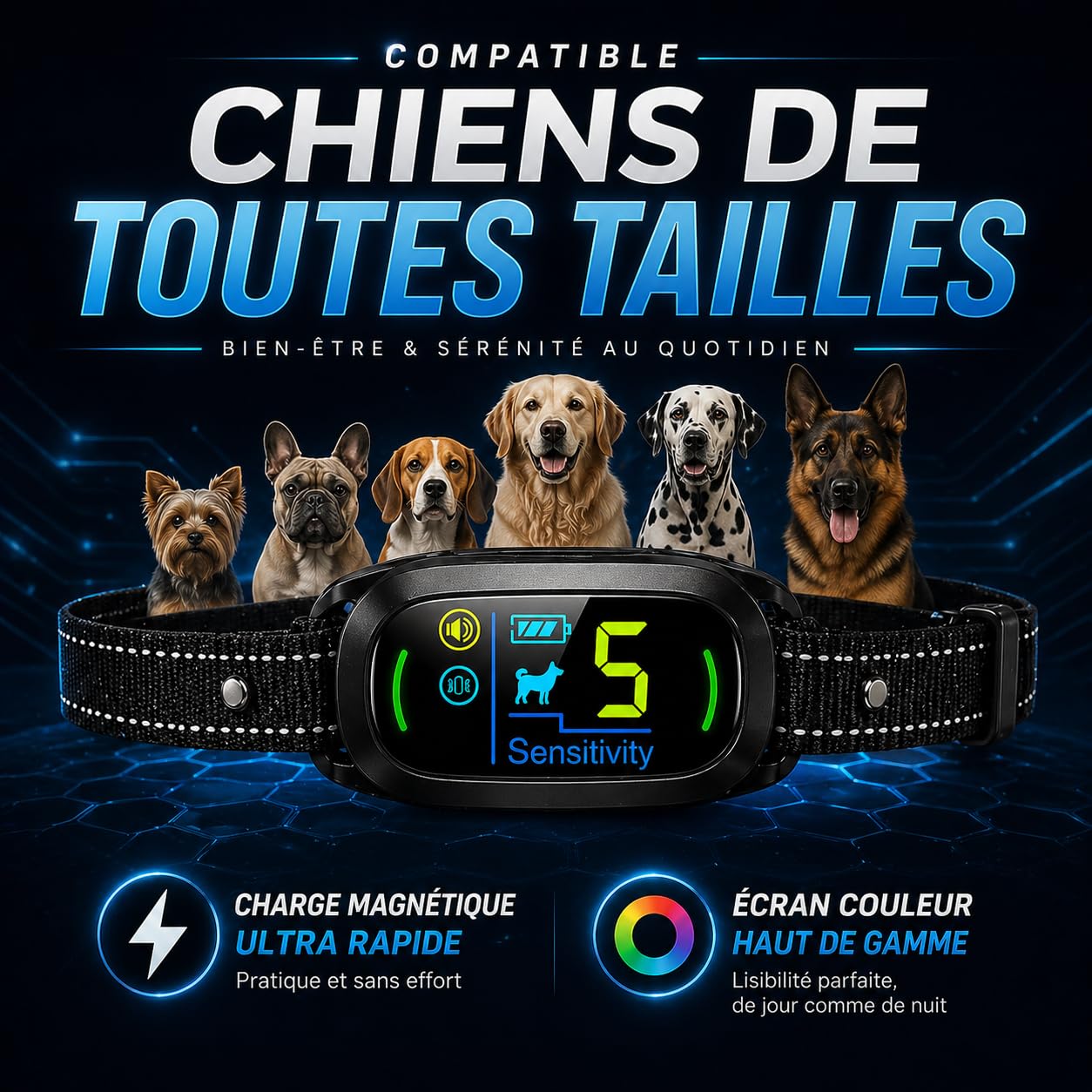 PAWPRO Collier Anti Aboiement Chien | Conforme Nouvelle Loi 2024 Bien-Être Animal | Intelligence Artificielle, Détection d’Aboiement, Écran Couleur | 3 Modes BIP, Vibration+BIP | Marque FR (Noir)