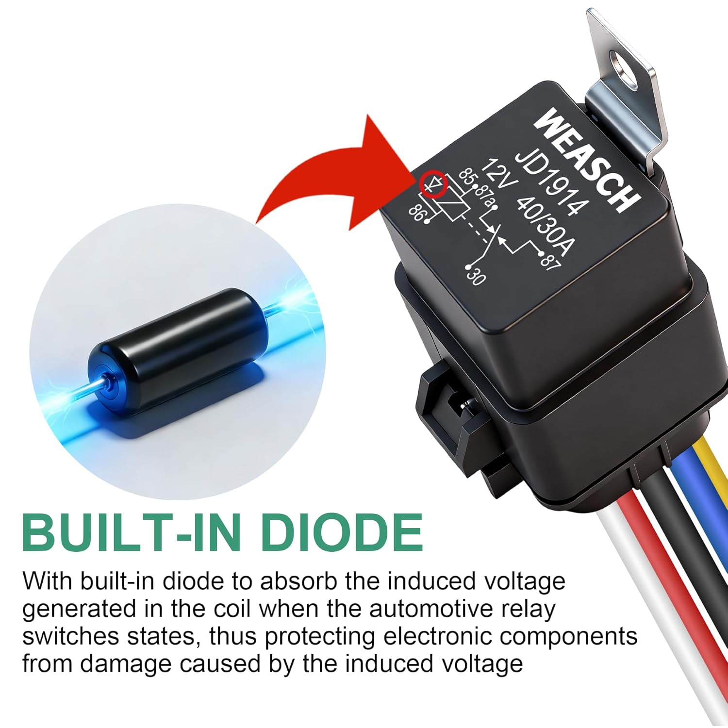 5 Pack 12V Waterproof Relay Kit, with Built-in Diode 12 AWG Harness Socket, 40/30A Heavy Duty SPDT 5 Pin Relay Switch, for Automotive Car Marine Boat