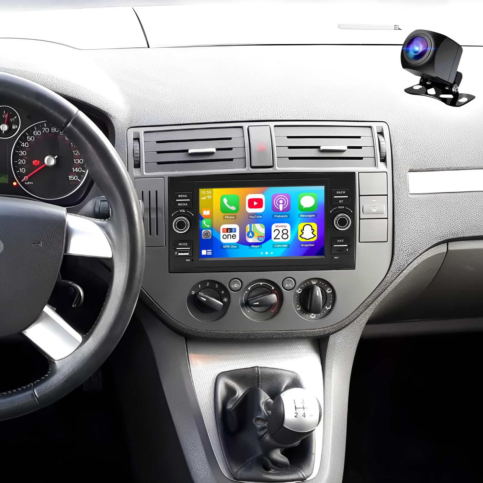 2+32G Android 14 Autoradio Multimédia avec sans Fil CarPlay Android Auto pour Ford C-Max 2003-2010, 7 Pouces écran Tactile Radio Stéréo avec Navigation GPS FM RDS SWC Mirror Link Split Screen Wi-FI