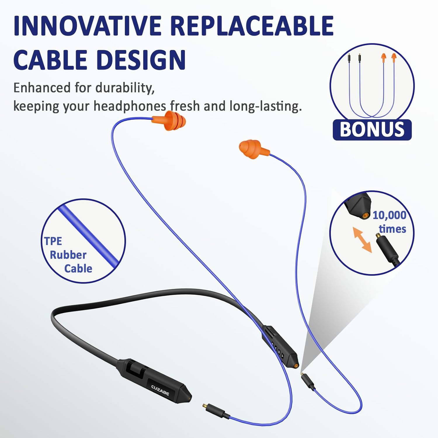 Bluetooth Earplug Headphones with 2 Pairs of Replacement Earbud Cables, 29dB Noise Reduction Ear Protection with 30 Hour Battery