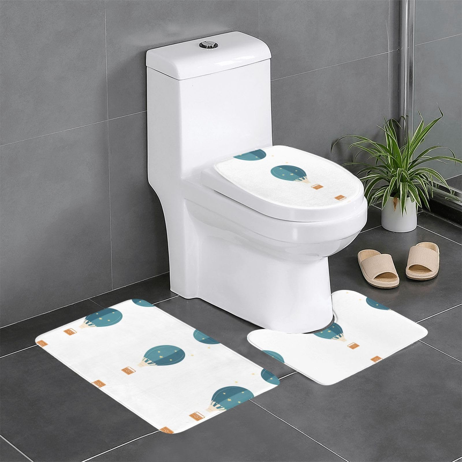 Tapis de salle de bain montgolfière lot de 3 avec contour WC et tapis lavabo bleu 61x40 cm