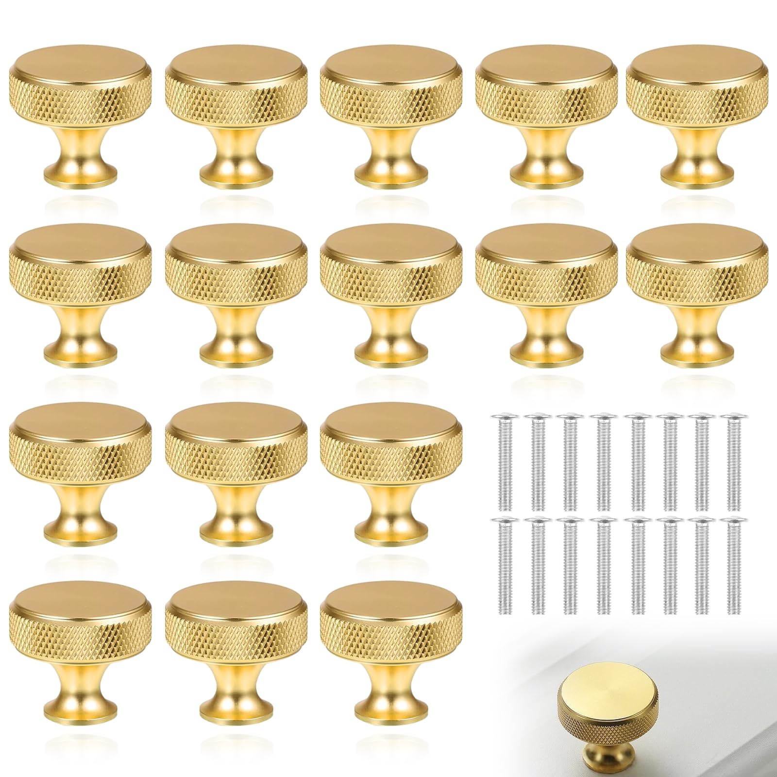 YUDAWN 16 Pack Gold Cabinet Knobs, Knurled Cabinet Knob Single Hole Round Drawer Knob with Screws Metal Wardrobe Drawer Handles for Kitchen Furniture Hardware Cupboard Door 26 x 31mm