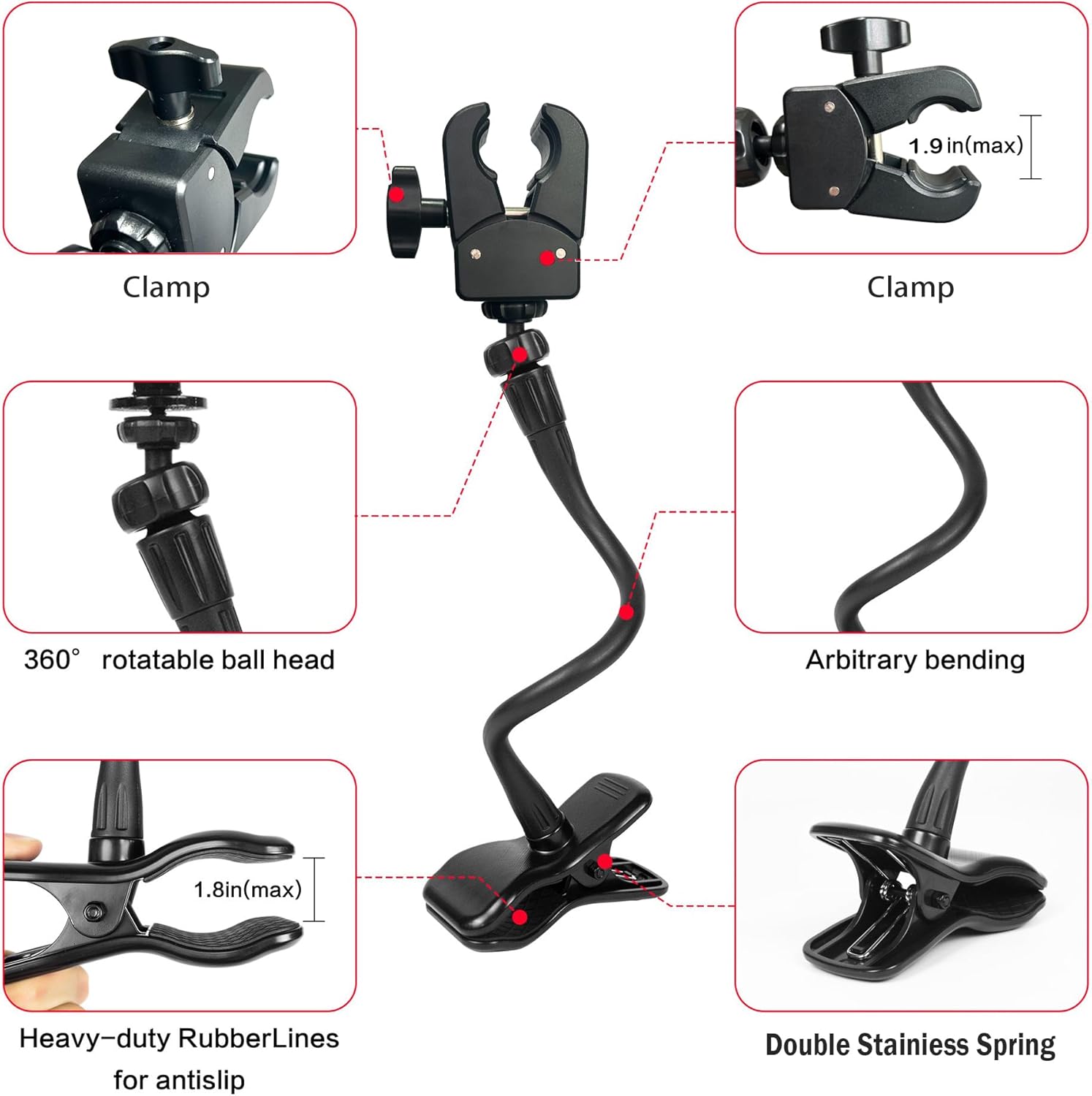 Double Clamp Gooseneck Flashlight or Microphone Stand with 14" Flexible Adjustable Arm