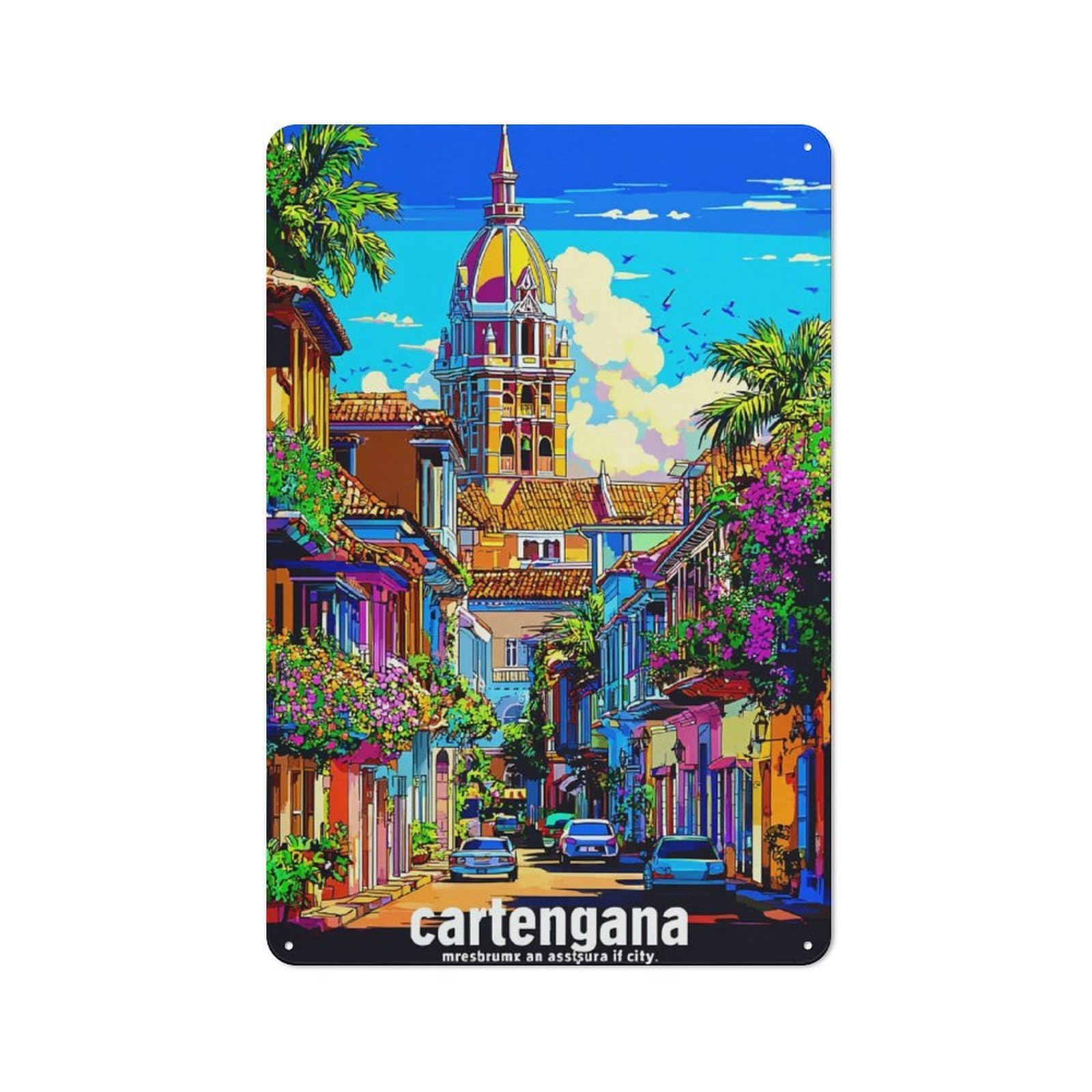Junmoney Colorful Streets Of Cartagena Decorative Tin Plaque 30X20cm, Vintage Bar Wall Plaque For Bar, Kitchen, Garage Or Games Room