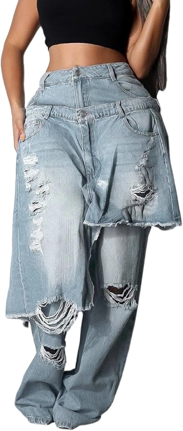 Voghtic Jeans for Women Trendy High Waisted Ripped Tear Y2K Patchwork Wide Leg Denim Pants with Pockets Streetwear