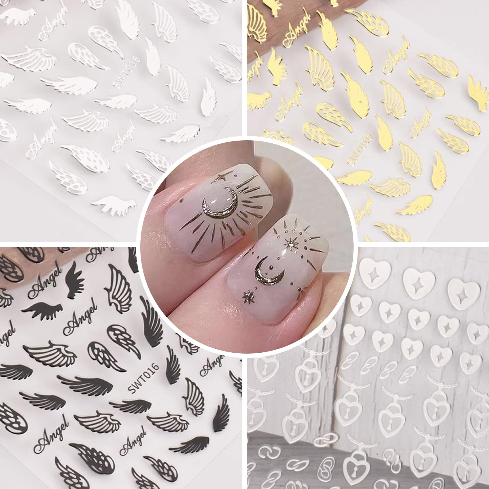 TOROKOM 12 Blätter 3D-Nagelaufkleber – Gold, Silber, Bronze Mit Sternen, Herzen & Schmetterlingen, Inkl. Nagelfeile