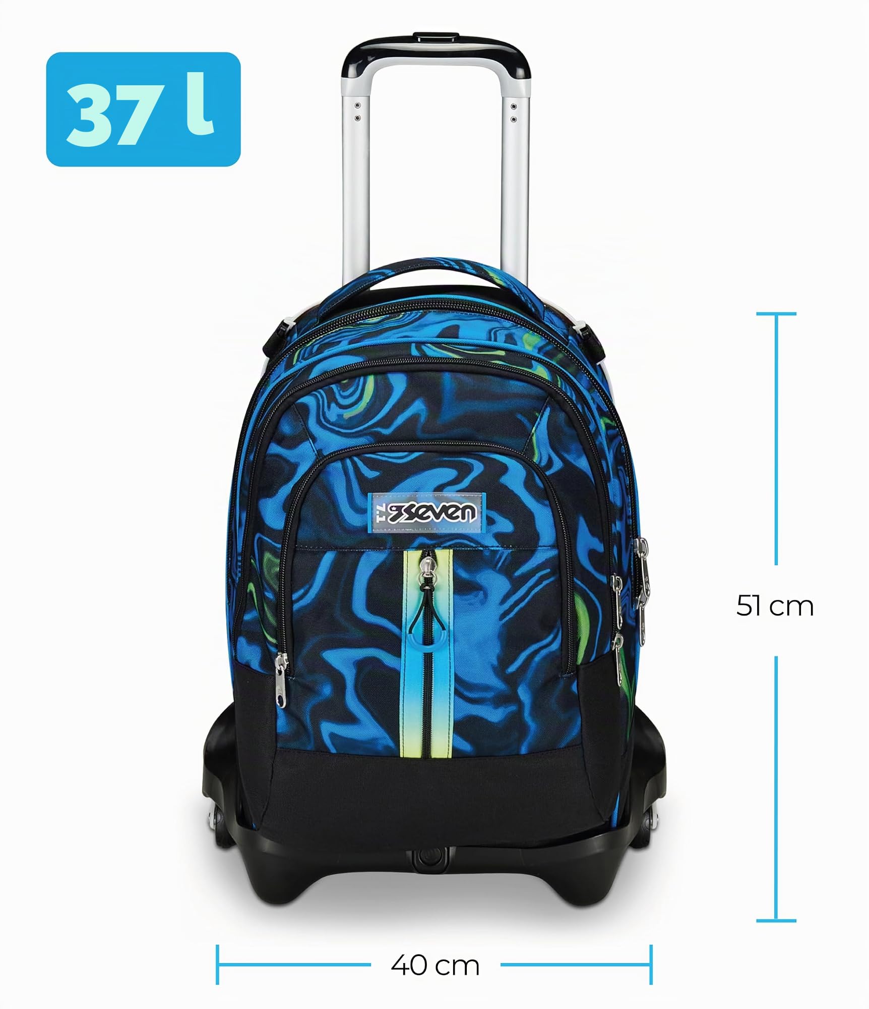 Seven Schulranzen mit Trolley-Funktion, Rucksack mit Rollen, zum Ziehen, für Schule Sport Freizeit, ab 1. Klasse, Detach, 3 in 1, mit Trinkflaschenfach, mit kleinem Rucksack, für Kinder, mehrfarbig