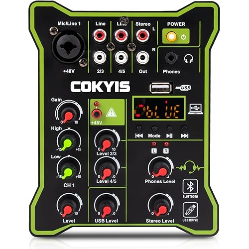 Dj Mixers multi-function 5 Channel Mini Mixer DSP Effects Mixing Console Digital Display Sound Board Bluetooth-compatible USB Computer Playback Recording for Streaming