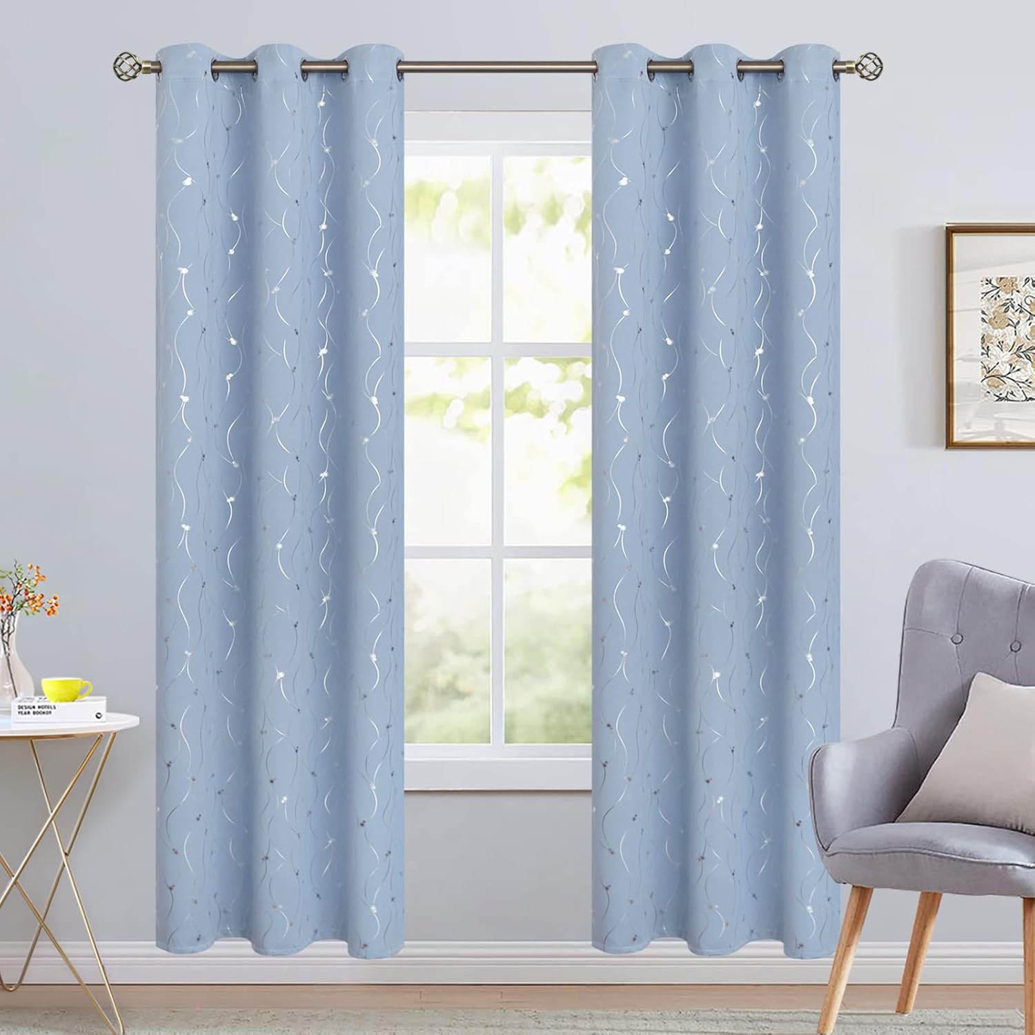 BGment Room Darkening Curtains 84 Inches Long, Grommet Thermal Insulated Blackout Curtains with Wave Line and Dots Printed for Bedroom, 2 Panels, Each 42 x 84 Inch, Light Blue