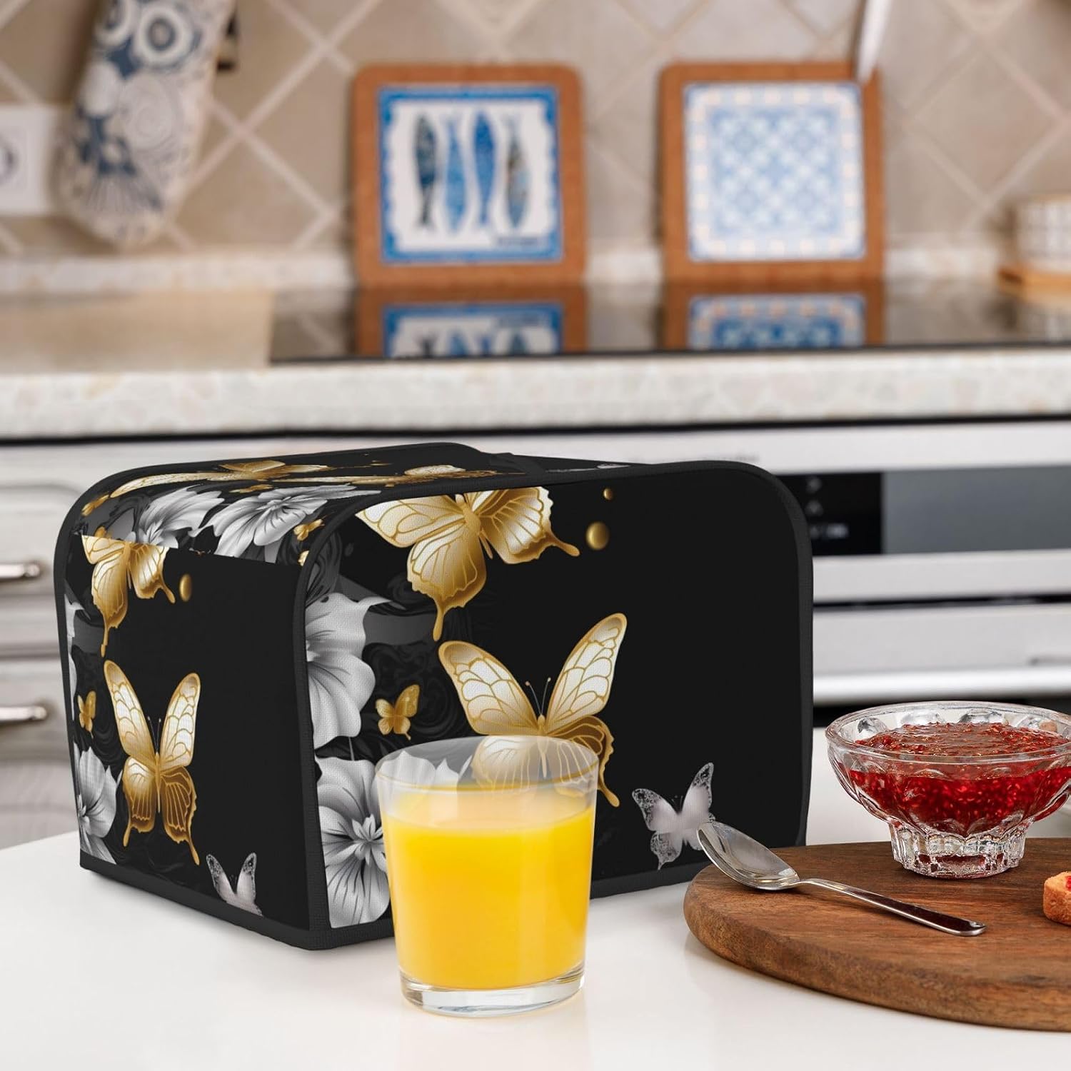Gold White Butterflies Black Toaster Cover 4 slice Kitchen Small Appliance Covers with Pockets Toaster Dust Cover with Top Handle Oven Cover Washable Universal Bread Maker Cover for Kitchen