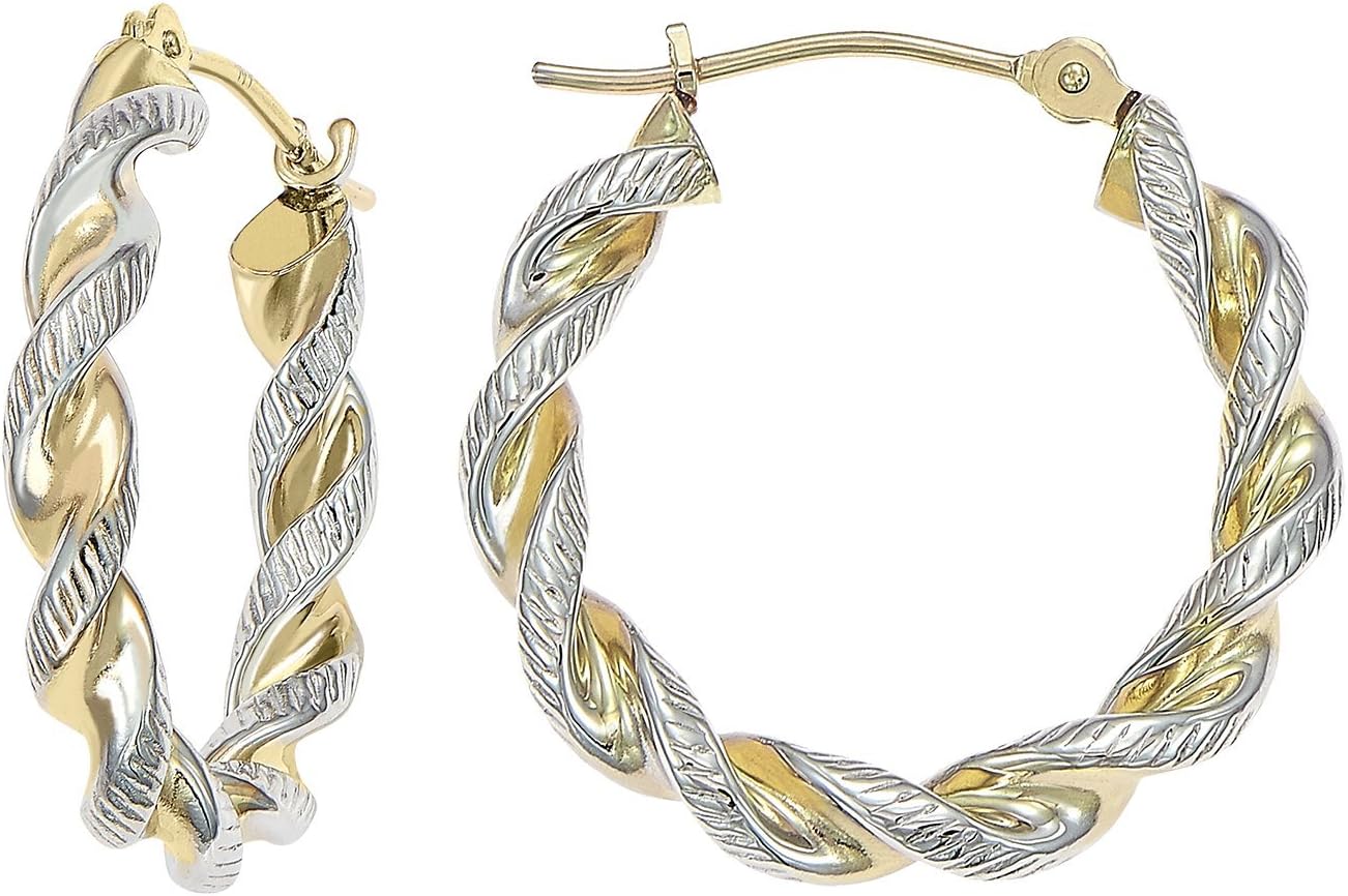 14k Gold Two-Tone Twisted Hoop Earrings for Women Teens Girls, 20mm, 25mm, Yellow Gold