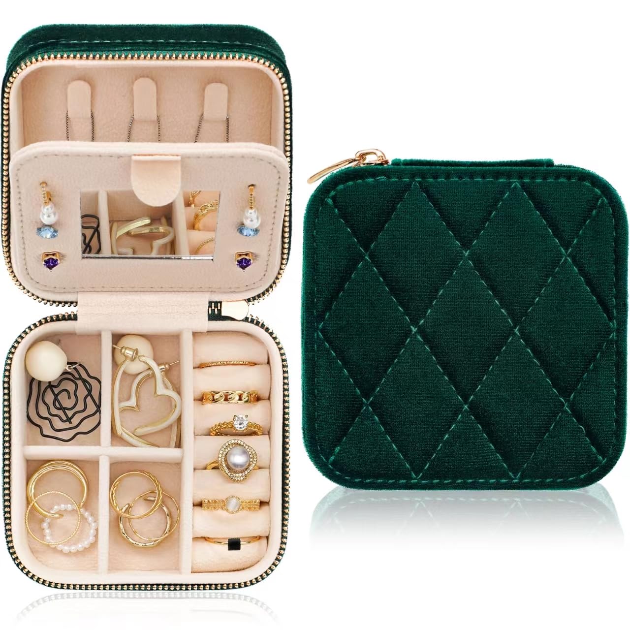 Focuschic Small Jewelry Boxes for Traveling, Plush Velvet Jewelry Travel Orgnizer for Women, Travel Jewelry Case with Mirror for Earring Rings and Necklace Gift for Woman