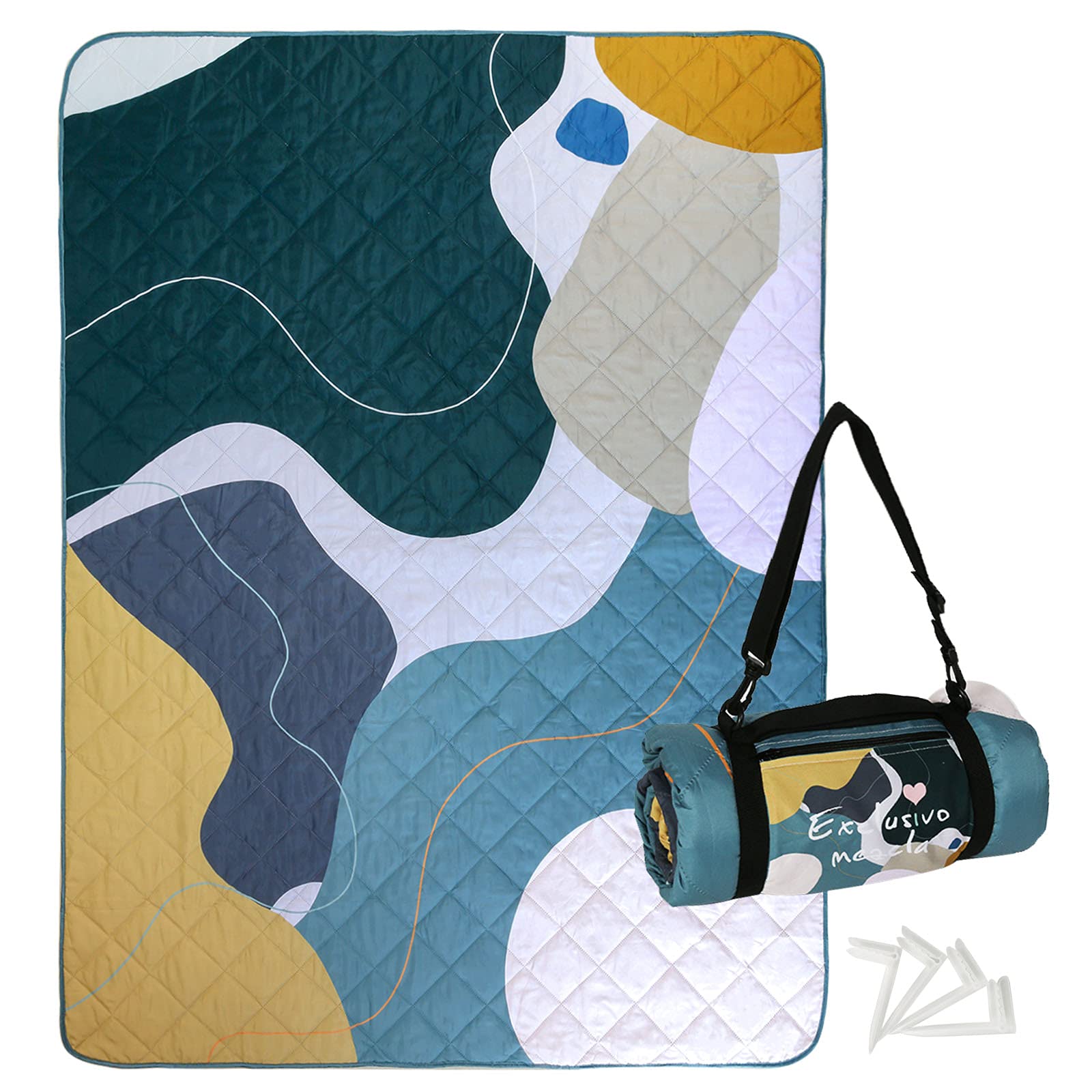 Exclusivo MezclaWaterproof Picnic Blankets 3-Layer 60x80 Inches Large Sandproof Beach Blanket Foldable Outdoor Blanket for Camping on Grass Picnic Mat with 4 Windproof Stakes, Abstract Green