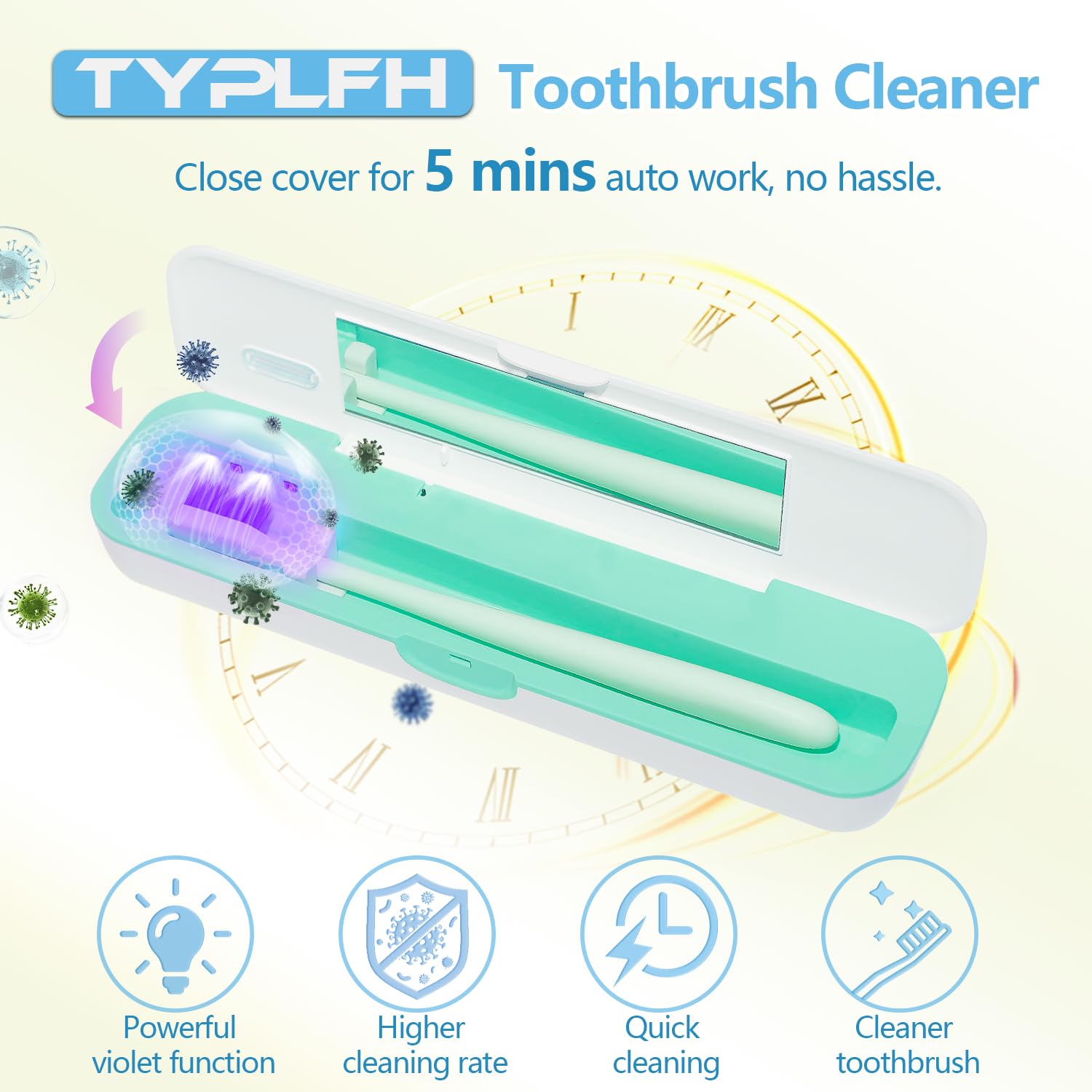 TYPLFH Funda desinfectante para cepillo de dientes, fundas para cepillos de dientes, soporte portátil de viaje para limpieza y almacenamiento, puerto C y carga de baterías AA, filtro de agua de aire