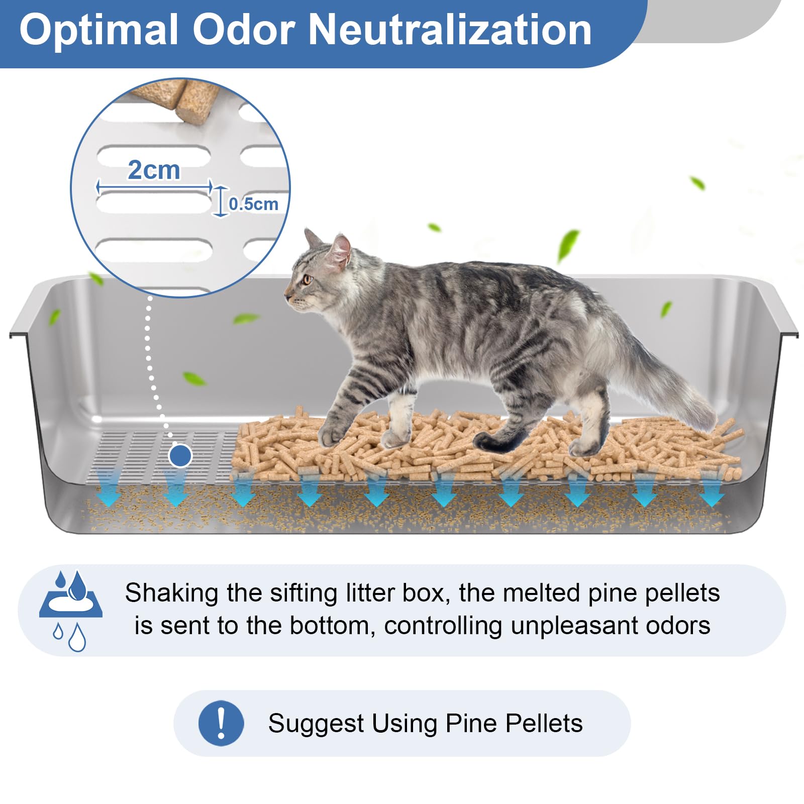 Stainless Steel Sifting Litter Box with Lid, Medium Sifting Cat Litter Box for Pine Pellets & Big Cats,Metal Pellet Sifter Litter Pan System for Odor Control,Sifting Box Liners & Scoop - image 3