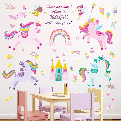Miniatura 2 de DECOWALL DS9-2119 Calcomanías de pared de unicornio colorido de hadas arco iris para niños, calcomanías extraíbles para niñas, cuarto de bebé,