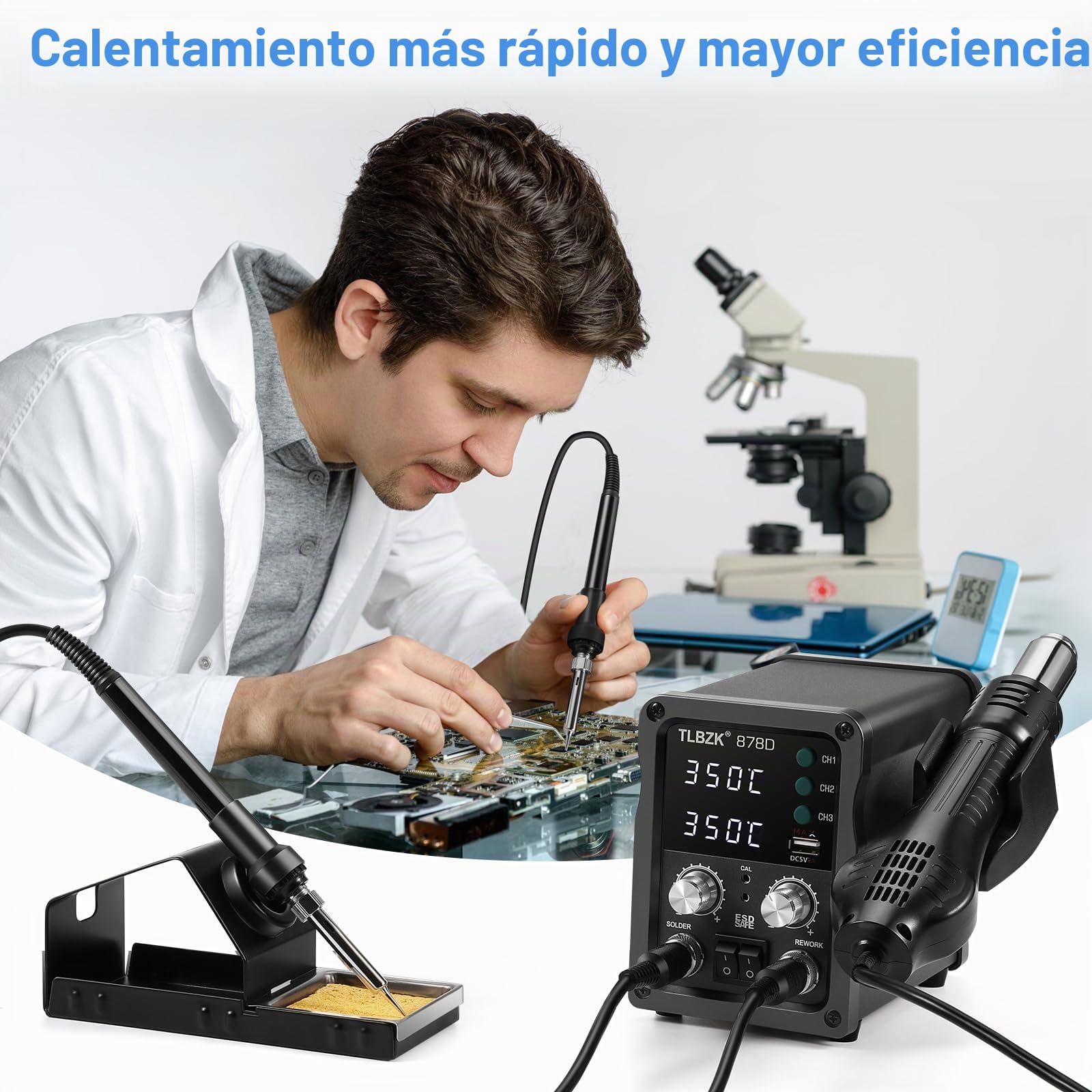 878D Kit 2 en 1 de estación de soldadura de aire caliente para retrabajo, bomba desoldadora, 5 puntas de soldadura, 3 boquillas de aire caliente, pinzas, extractor de circuitos integrados