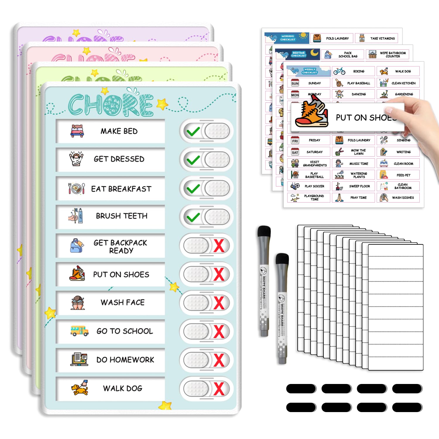 Dry Erase 4 in 1 Chore Chart for Multiple Kids - Magnetic Routine Chart with Slider Cute Chore Stickers, Visual Schedule for Kid with Autism to Do List Checklist for Kids