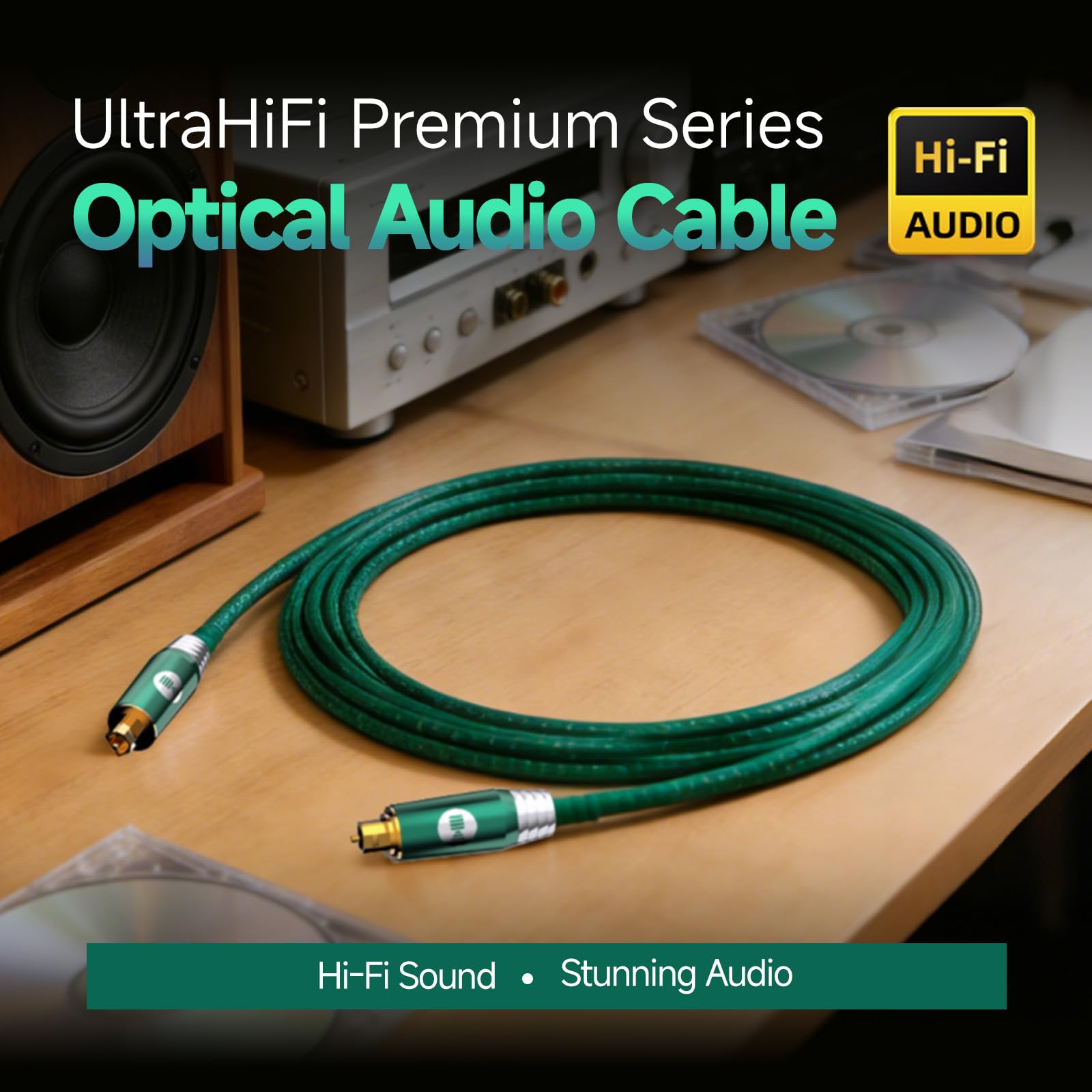 Cavo audio ottico digitale per soundbar, TV, Home Theater, sistema audio, placcato oro 24 K, cavo in fibra ottica ad alta fedeltà per un suono cristallino, smeraldo, 3 m