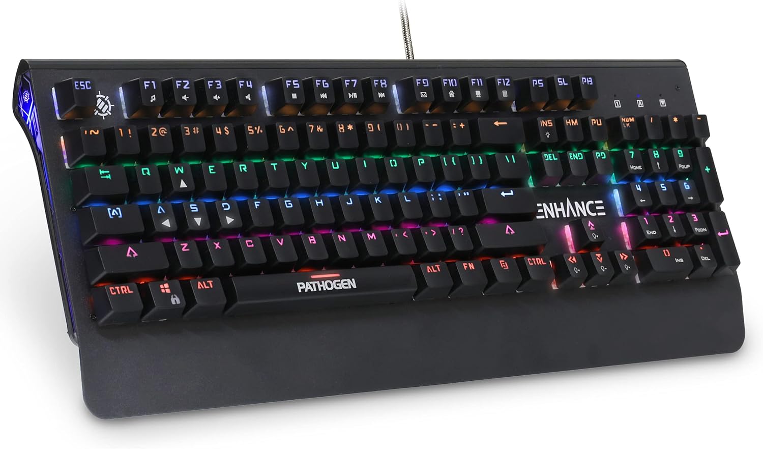 ENHANCE Pathogen 2 Blue Switch Mechanical Keyboard - Mechanical Gaming Keyboard with Fast 1ms Response Polling Rate with Integrated Wrist Rest, 26KRO & Anti-Ghosting, 7 LED Lighting Effects