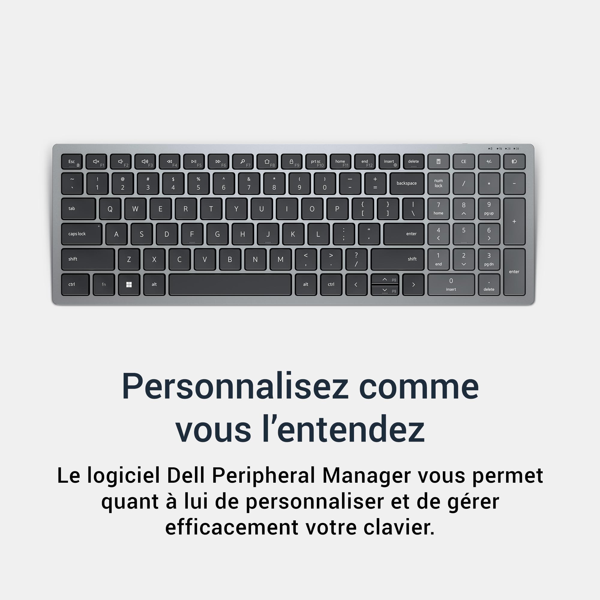 Clavier Compact Dell Pro Plus KB740 – sans Fil, AZERTY Français, Bluetooth 5.0 + 2,4 GHz, Compact, Touches Ciseaux, 36 Mois d’Autonomie, Clavier Silencieux, Gris Titan