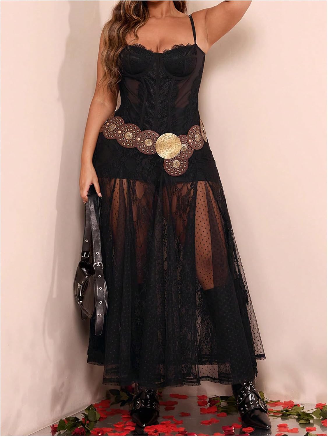 Verdusa Women's Plus Size Lace Mesh Sheer Maxi Skirt Flowy Flared High Waisted Tulle Skirts - Image 5