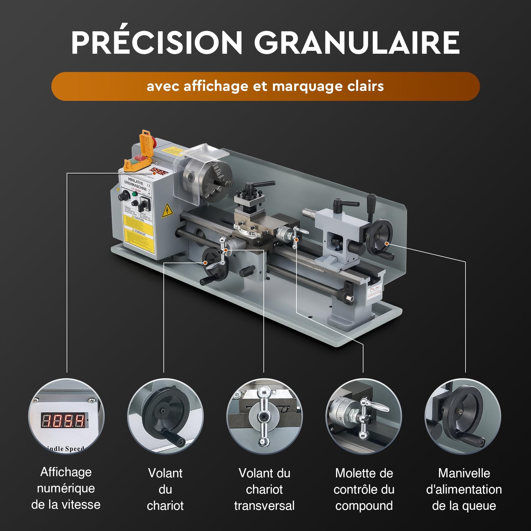 CREWORKS 550W Mini Tour à Métaux d'Établie 180x350mm 7"x14" Haute Précision avec Mandrin à 3 Mâchoires et Vitesse de Broche Max. 2500 tr/min Écran LCD pour Filetage Tournage Perçage