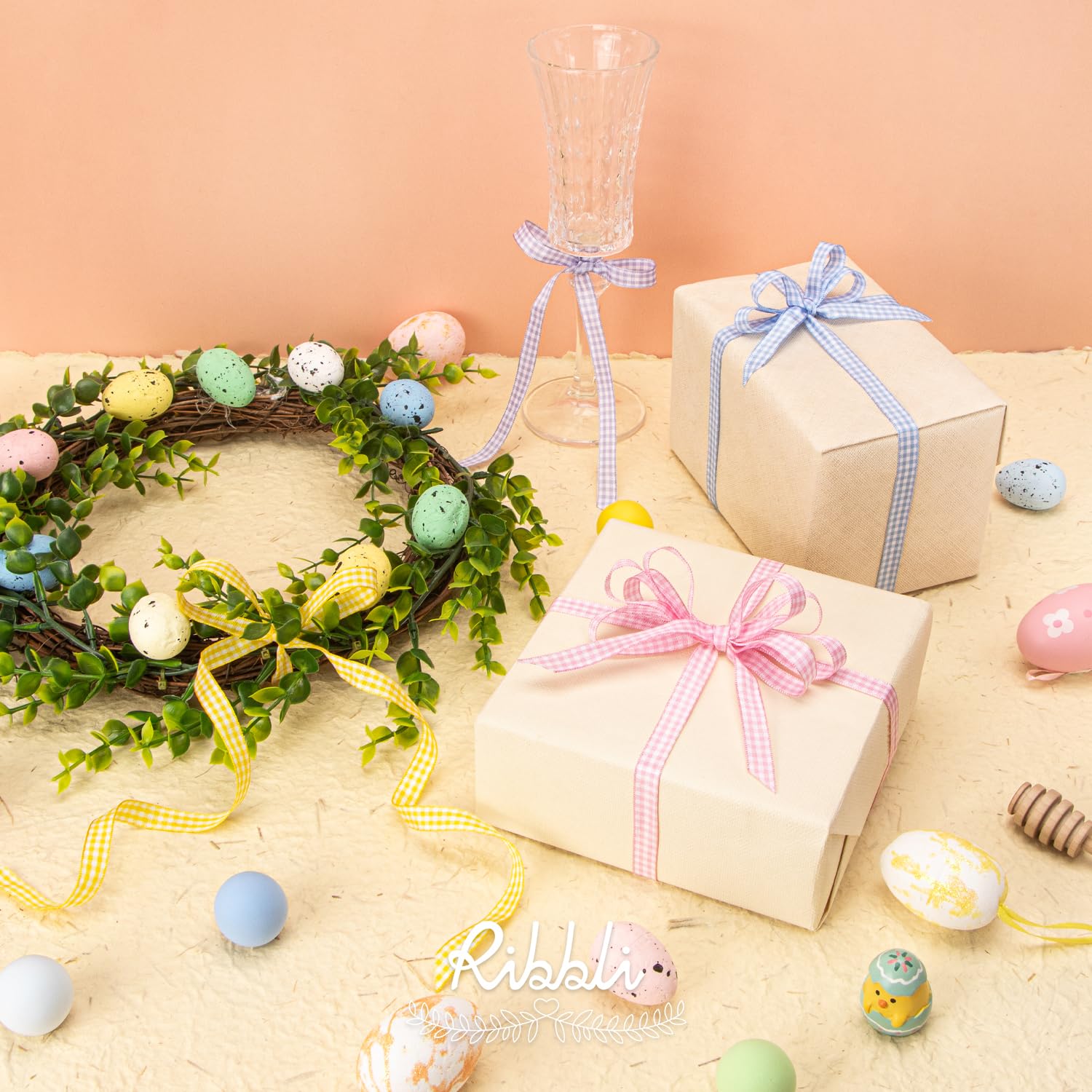 Ribbli 4 rollos de cinta a cuadros de 3/8 pulgadas, total 40 yardas, borde tejido 100% poliéster, (rosa claro/azul claro/morado/amarillo), uso a cuadros de Pascua para baby shower, envoltura de