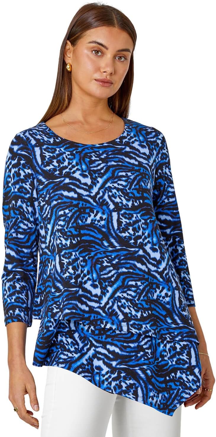 Roman OriginalsWomen Hanky Hem Tunic Ladies Top Asymmetric Hemline Blouse Double Layer Mesh Overlay Jersey Stretchy Summer Spring Flattering 3/4 Sleeve Smart Casual Work