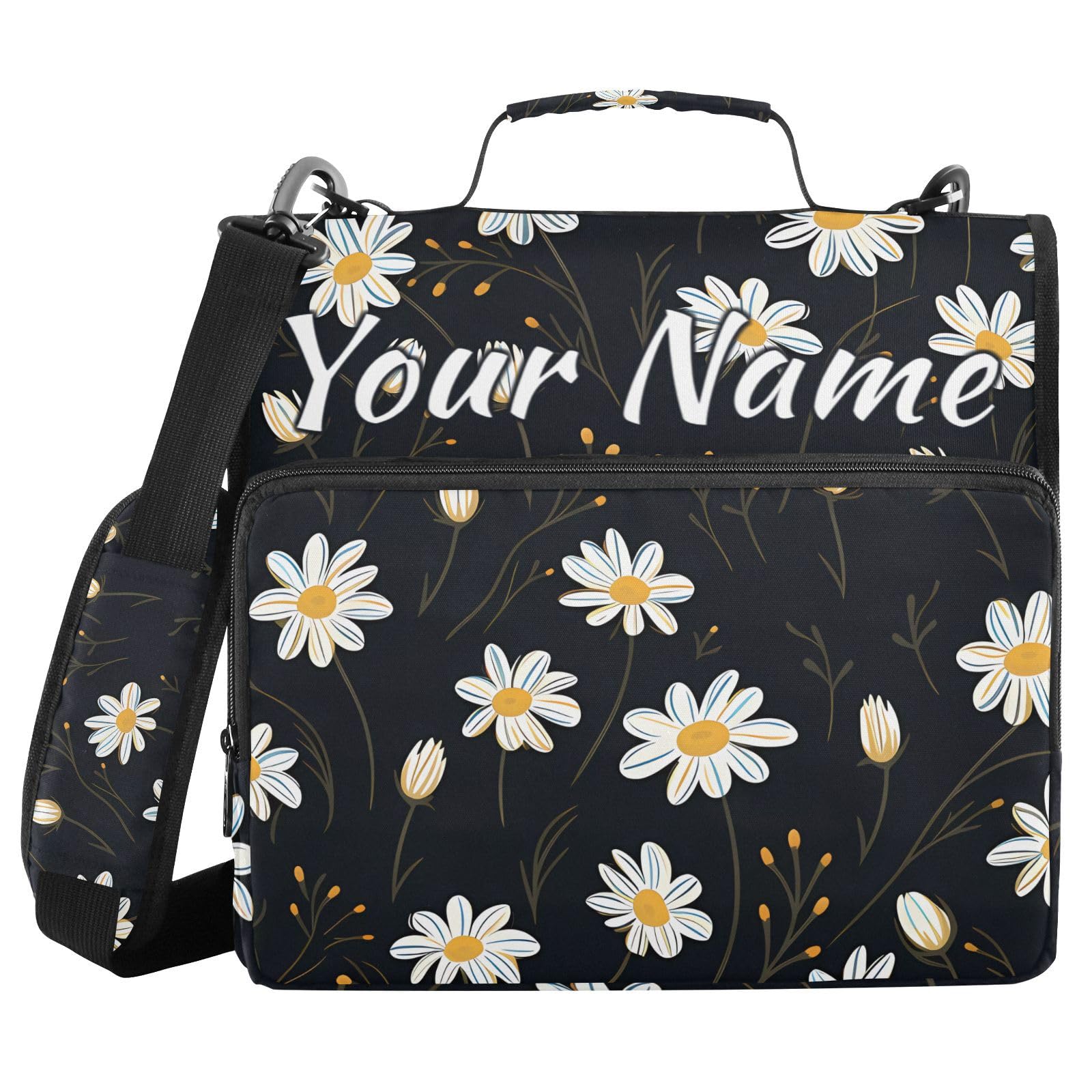 Custom 3 Ring Zipper Binder White Daisy Flower Black Personalized Name 1.5 Inch Binders Large Capacity Multi Pockets for School Office Supplies