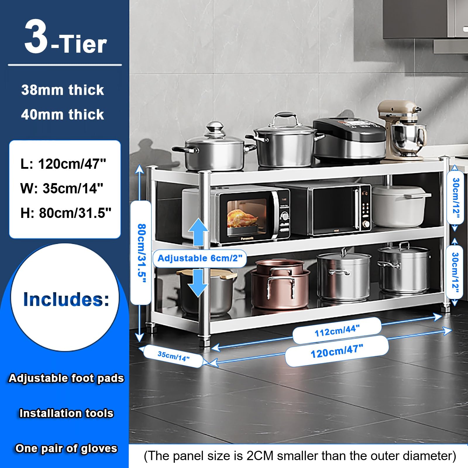 Tavolo da cucina a isola in acciaio inox, a 3 ripiani, con contenitore, tavolino per forno a microonde, per sala da pranzo e preparazione di cibi (120 x 35 x 90 cm)
