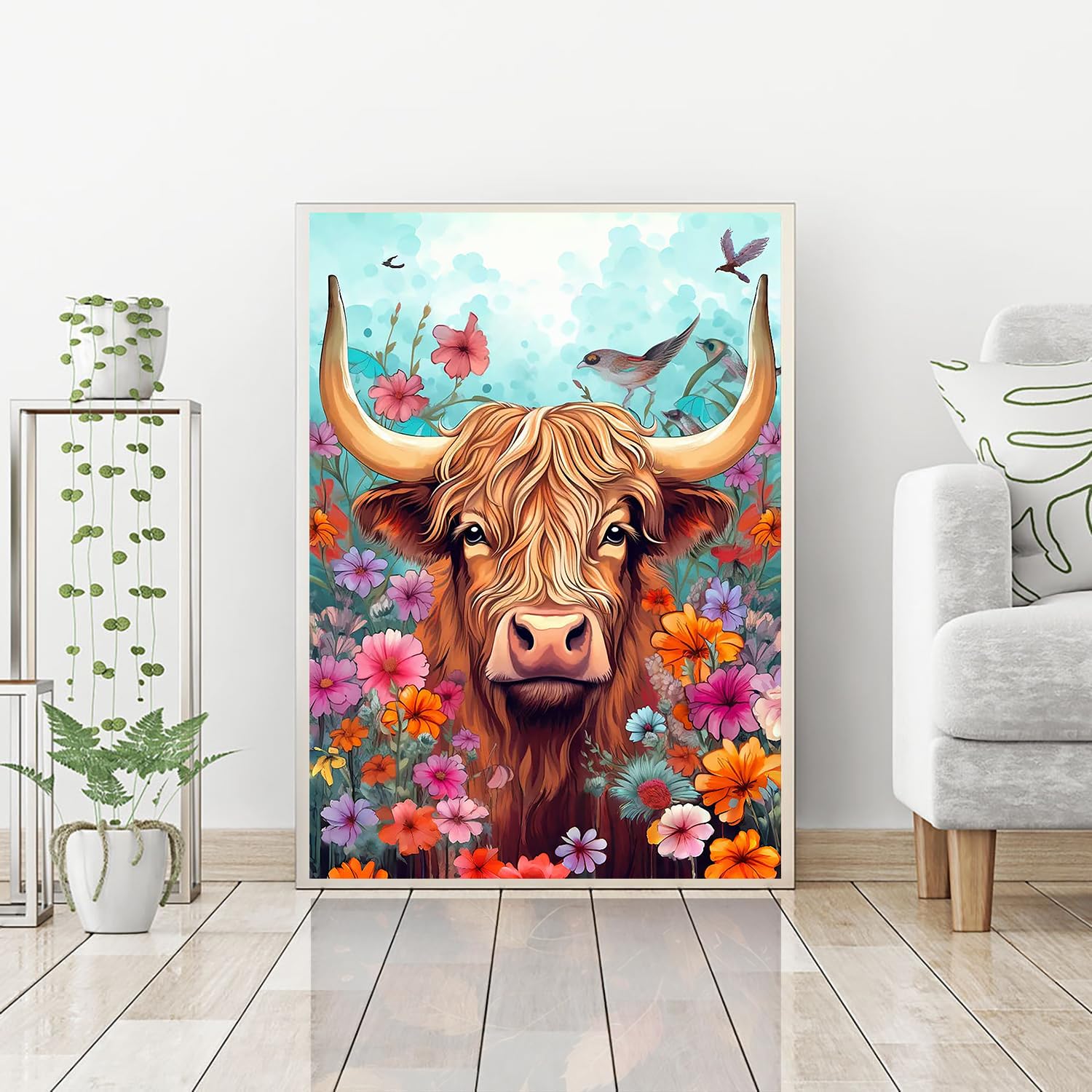 Pittura a olio con i numeri, per adulti, motivo: mucca con i numeri, su tela senza cornice, fai da te, idea regalo, decorazione da parete per la casa (40,6 x 30,5 cm