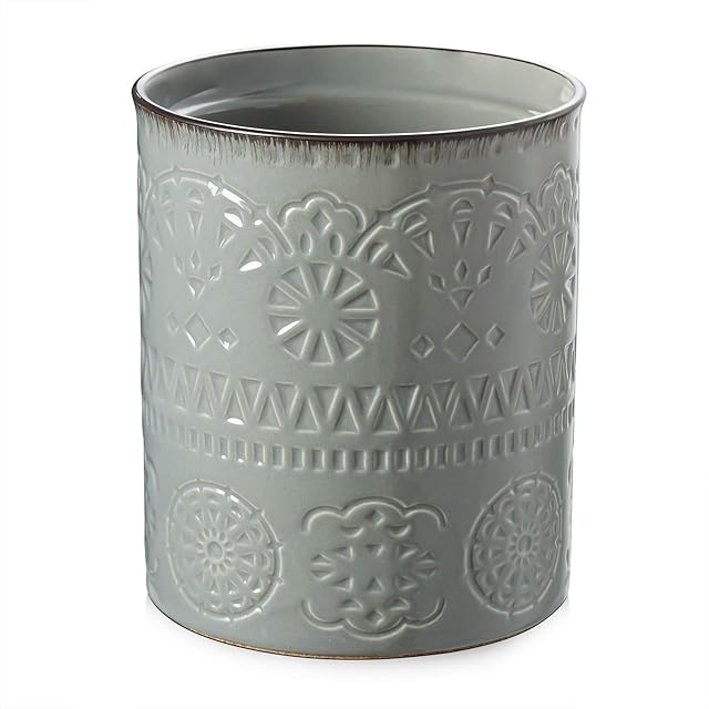 DOWAN Kitchen Utensil Holder, 6.2 Utensil Holders for Countertop, Heavy Ceramic Utensil Crock, Anti Slip & Scratch Cork Bottom,Utensil Crock for Home Décor | Gray