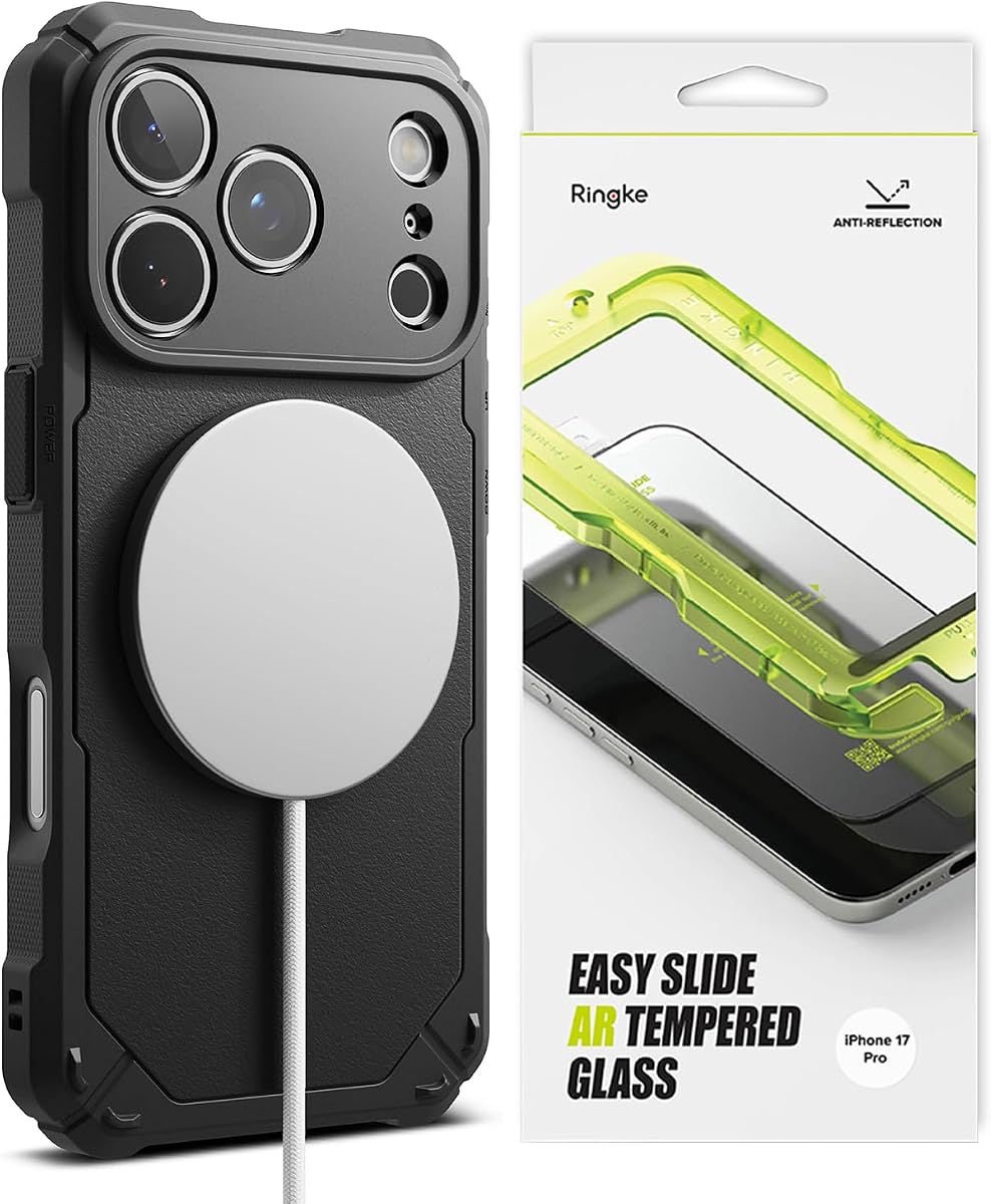 Paquete Ringke [funda + protector de pantalla] para iPhone 17 Pro: equipo resistente [negro magnético] + vidrio templado AR Easy Slide