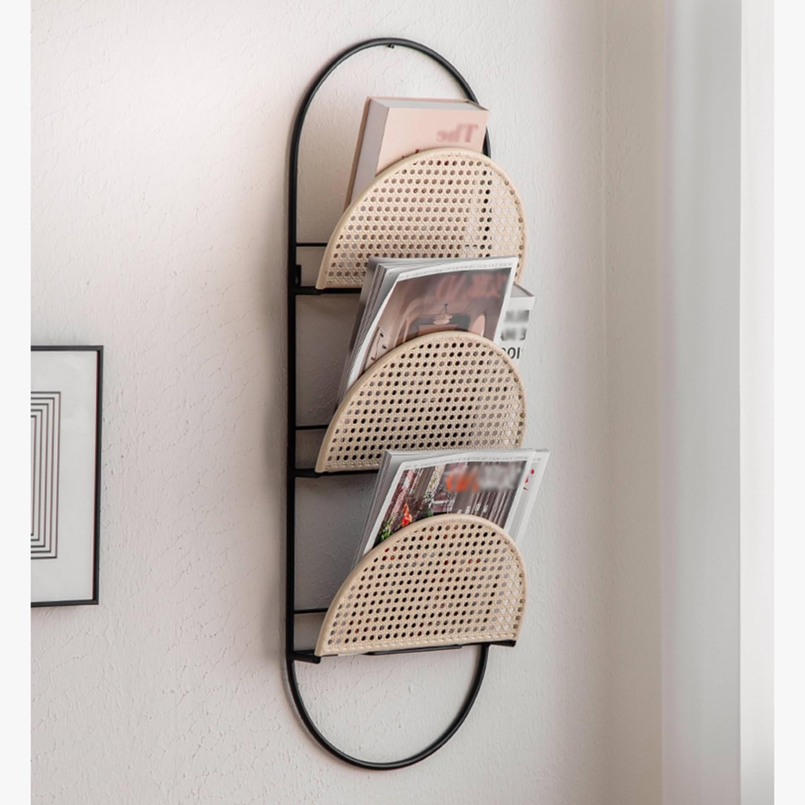 Porta riviste da Parete in Metallo, Porta brochure con griglia in Rattan Aperta, Porta giornali, Organizer per riporre Libri, libreria sospesa per Ingresso e Ufficio