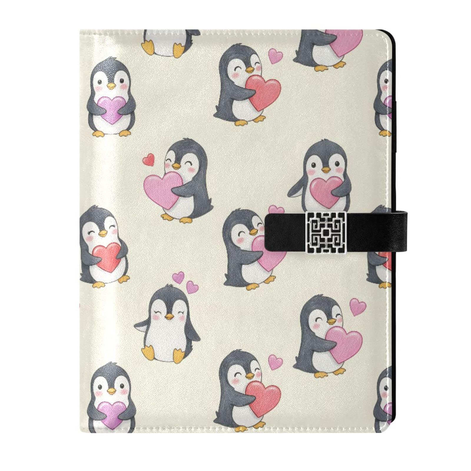 Penguin Hearts Print PU Leather Notebook Binder A5 6 Ring Refillable Journal with Magnetic Buckle Closure Travel Planner Notebook Binder for Business Cards,Office,