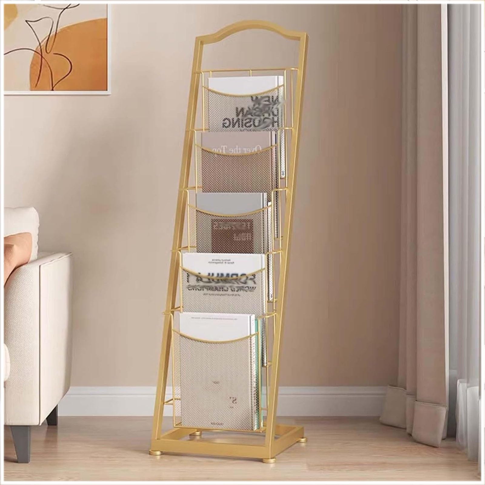 JOUFNING Floor-Standing Magazine Rack, Book Display Rack, Wire Countertop Bookshelf, Comic Book Holder, Literature Brochure Organizer Rack, for Classroom, Library, Coffee Shop(Gold,13x13x44.8in)