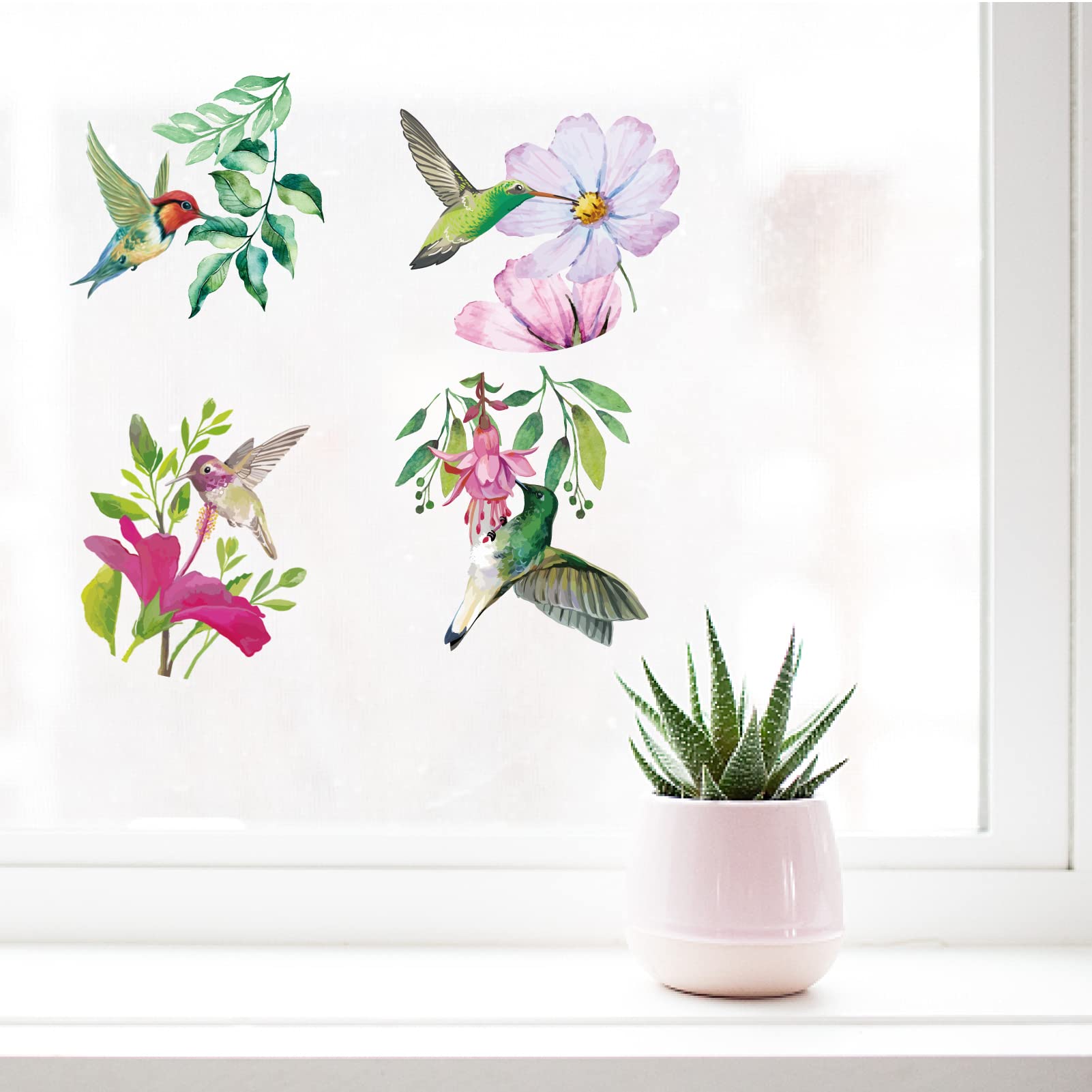 GORGECRAFT 4 Adesivi Per Finestre Colibrì E Fiori 16 Cm, Anticollisione Uccelli, Statici E Riutilizzabili, Decorazione Primaverile
