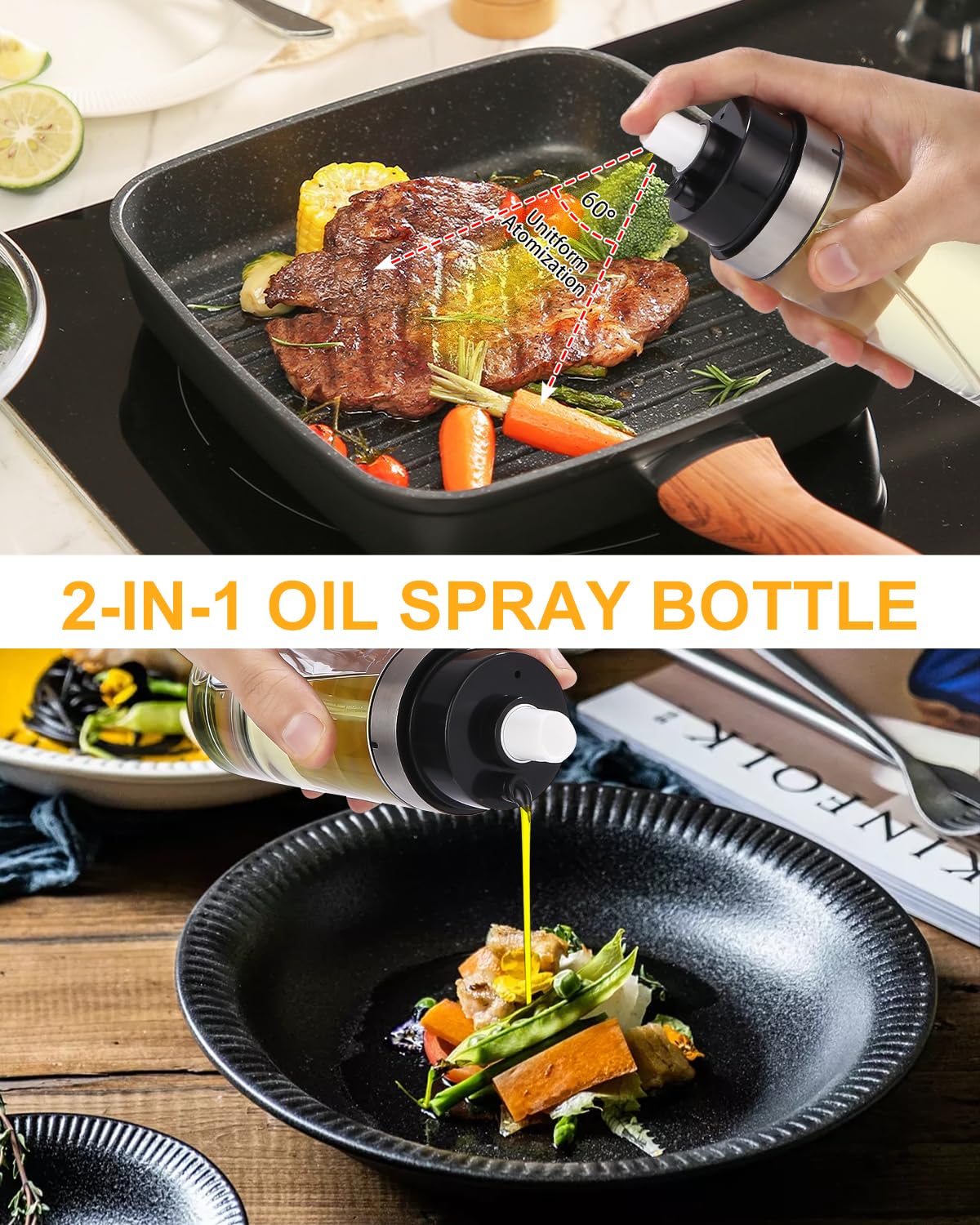 Spruzzino Per Olio 2 In 1 Toaren 150ml - Nebulizzatore Per Friggitrice Ad Aria E Cucina Con Ugello Regolabile