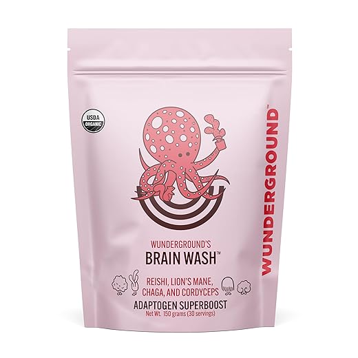 Wunderground Brain Wash Organic Mushroom Superboost Powder for Coffee, Tea, & Water - Cordyceps, Lion's Mane, Chaga, & Reishi Adaptogenic Mushrooms for Focus & Energy - 30-Serving Pouch