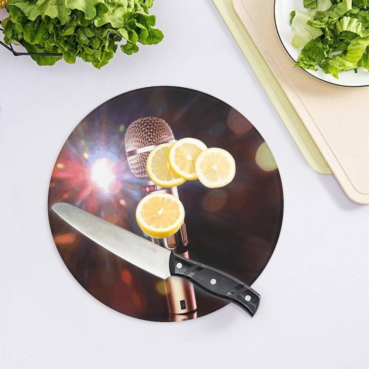 Karaoke Microphone 8" Tempered Glass Cutting Board for Kitchen