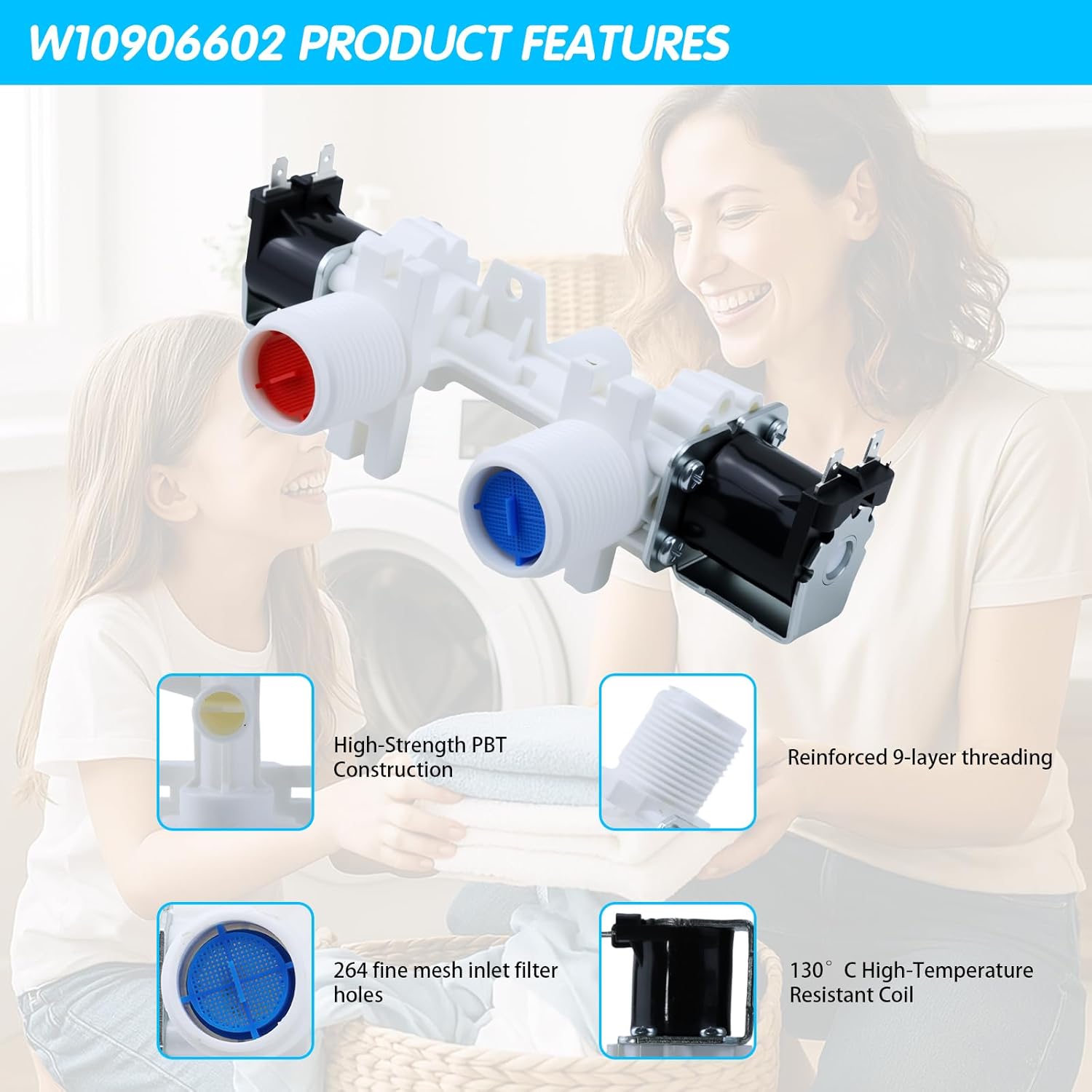 WET4024HW0 WET4124HW0 YWET4024HW0 WTW2000HW0 11044422510 11044422610 11044432810 11081442710 11081452710 NTC3500FW0 Washer Water Inlet Valve for Whirlpool Kenmore Amana