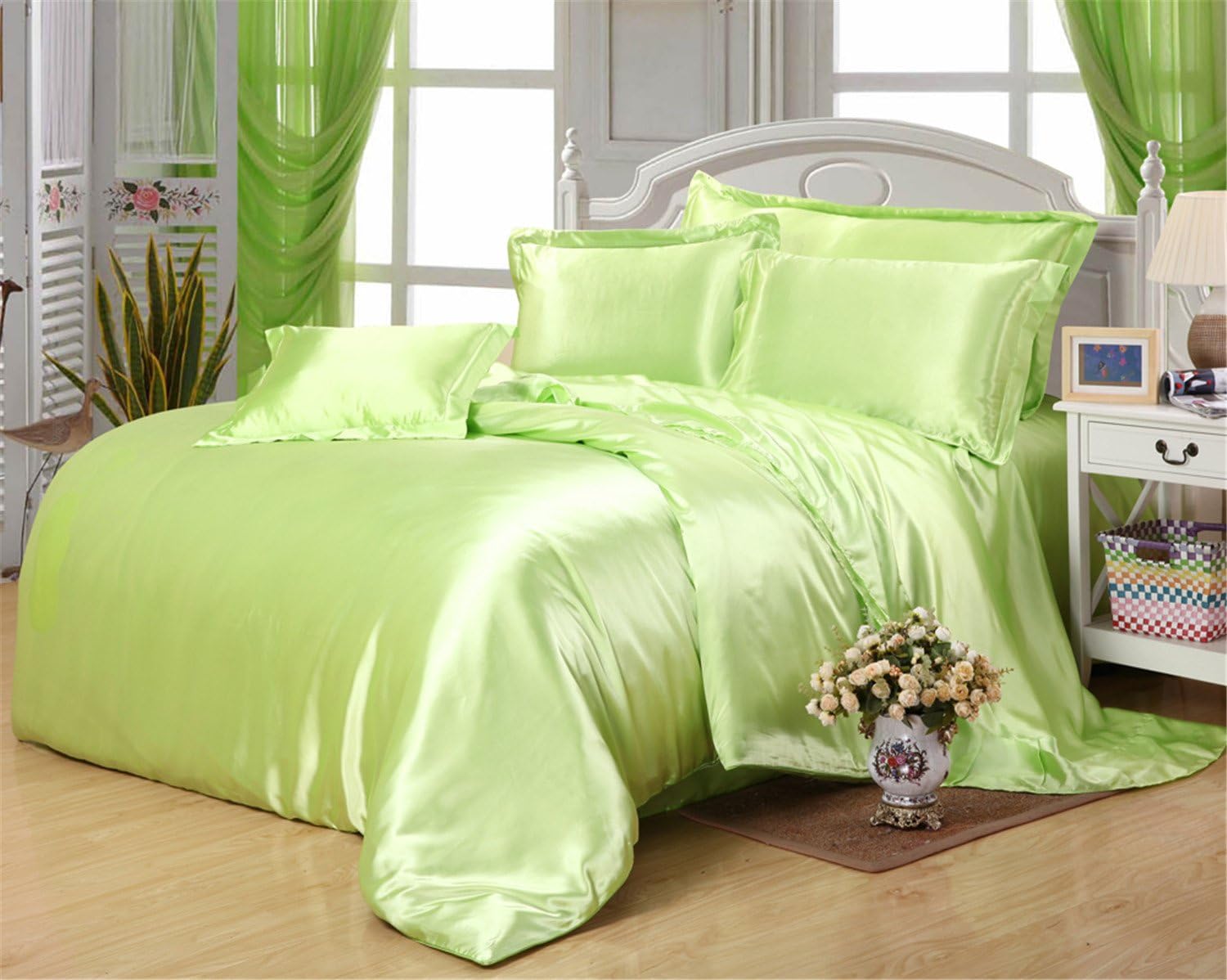 FUYA Polyester Silk Bedding Set Home Textile Bed Linen Set Clothing of Bed Bedcloth Soft Silky Bedding Duvet Cover Sets Green (King 4pcs)