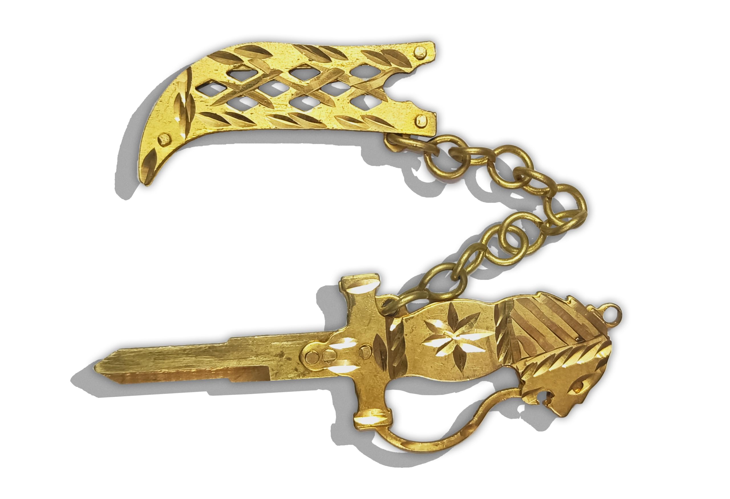 Brass Lion Head Dagger Shape Duplicate Bike Key with Chain (Right Side) – 14 cm, Solid Brass, Antique Gold Finish, Detachable Sheath | Decorative Designer Motorcycle Key for Gifting, ZAM-KY-M02 | 1 × Replacement Key Compatible with Hero Splendor ,Gold Finish, Keychain Loop, Right Variants,-image-2