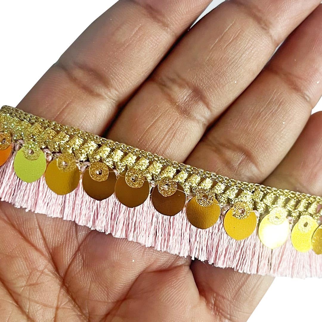 Craft Shop India Silk or Zari Thread Tassel Fringe Sequenced Lace & Border, 9 Meters, for Saree, Dupatta, Lehenga, Suit, Blouse & Home Furnishing, Crafting DIY (Baby Pink)