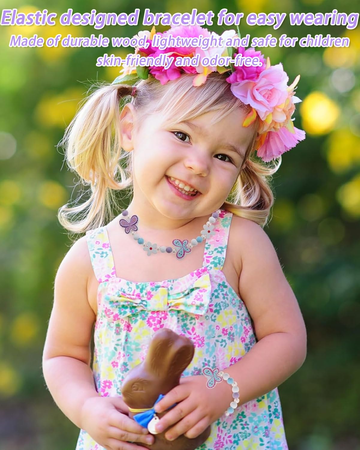 2 Teiliges Kinderschmuck Set Holz Halskette und Armband für Kinder Schmuck Set Kette,Niedliche Schleifenarmbänder, Kinderschmuck Aus Holz, Schmuckset Für Mädchen